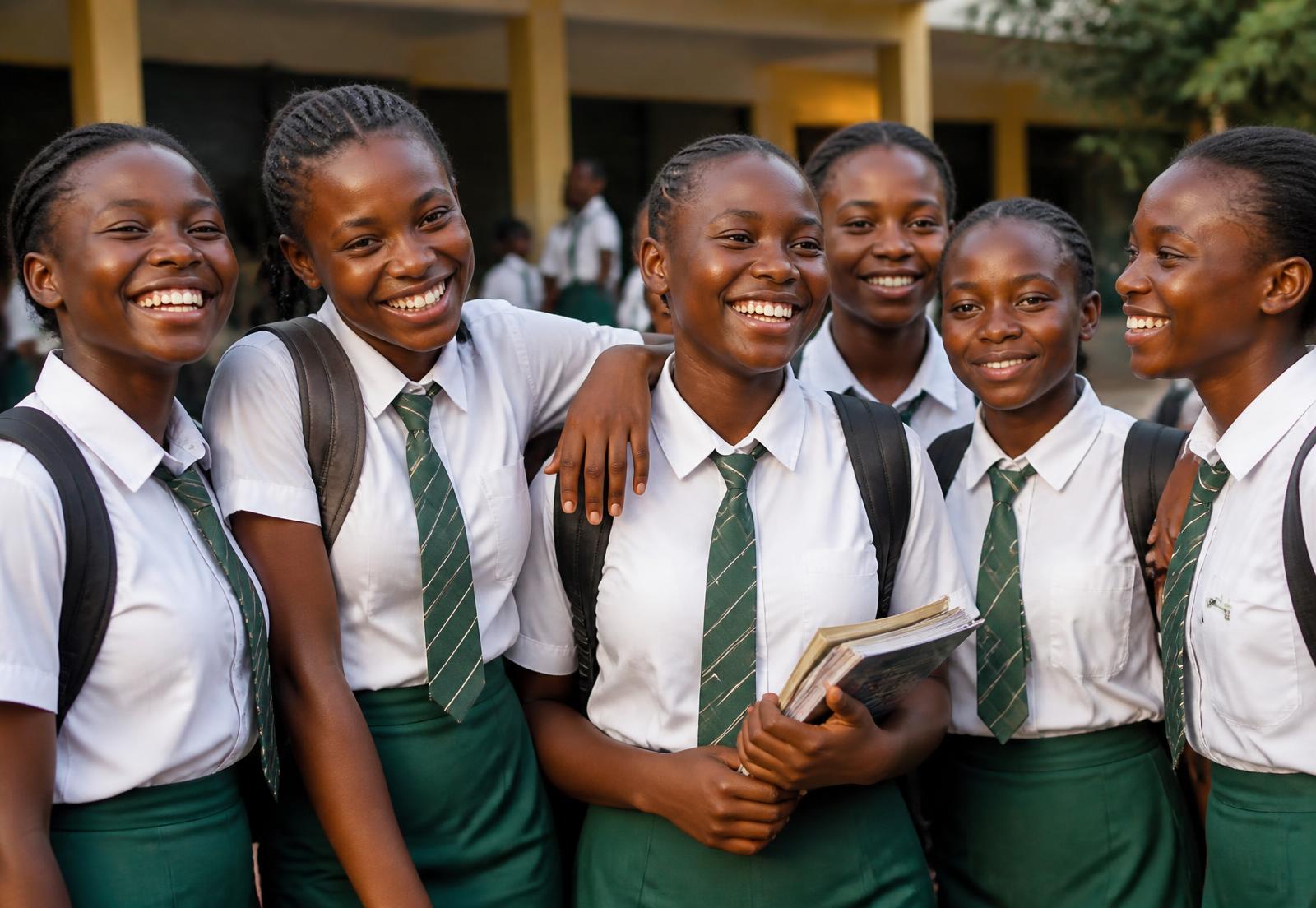 Nigerian schoolgirls smiling together outside their school